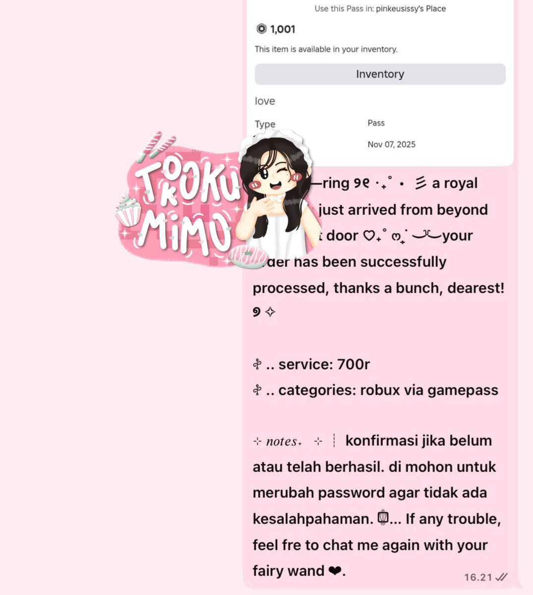 ⠀
alhamdulillah  masuk  vilog  7700r  &amp;&amp;  gamepass  700r  ...  yang  mau  order  aku  open  top  up  robux  vilog  /  via  login  (  80r  &amp;  500r  )  dan  juga  via  gamepass  ya 🐰🎀

t. #zonauang #zonajajan 

♥︎ contact  order  ::  tiny.cc/wa-moi 
⠀