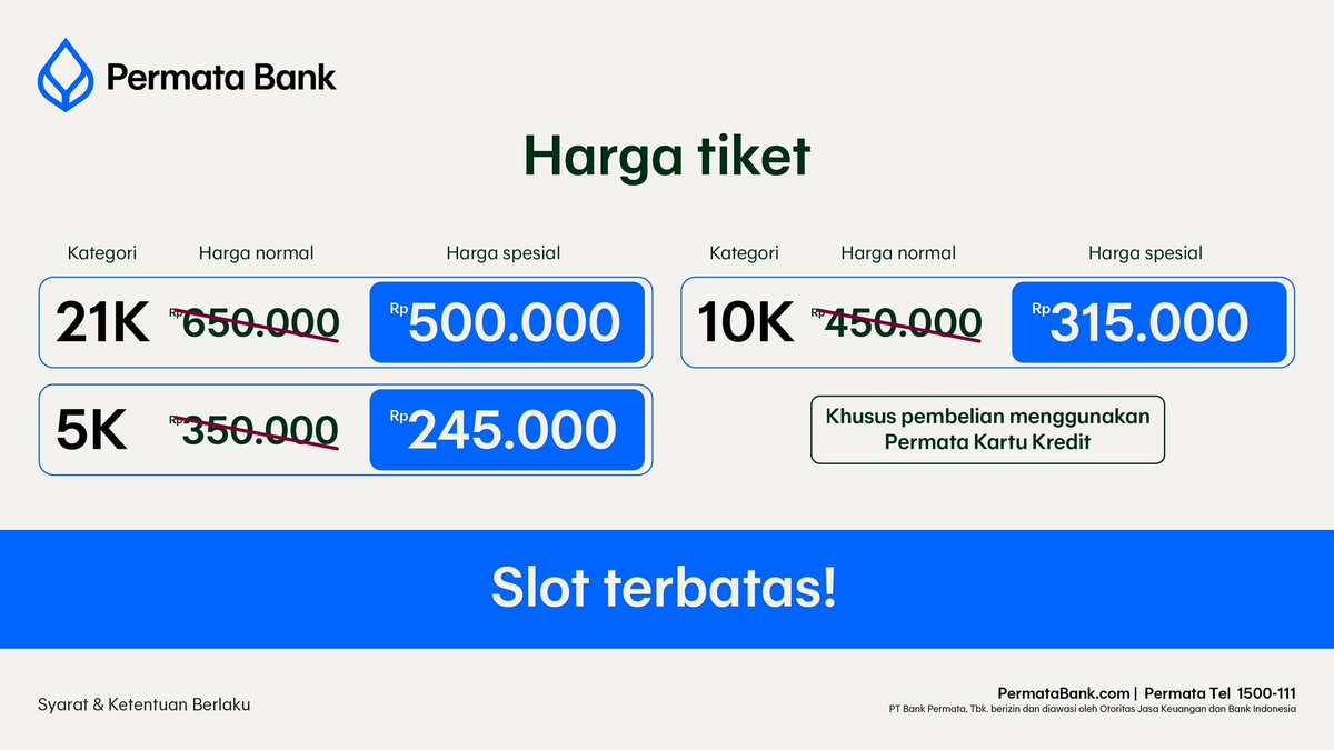 PermataBank's tweet photo. Harga spesial dari Permata Bank balik lagi buat kamu, MN Runners! ๐
Diskon hingga Rp150 ribu tiket Mangkunegaran RUN 2026 pakai Permata Kartu Kredit.
Catat tanggalnya
๐
10 Nov 2025
๐https://t.co/ycuIJtTahU
#PermataBank #MangkunegaranRun2026 #SoloBalapanLari https://t.co/vjVhd8BSCL