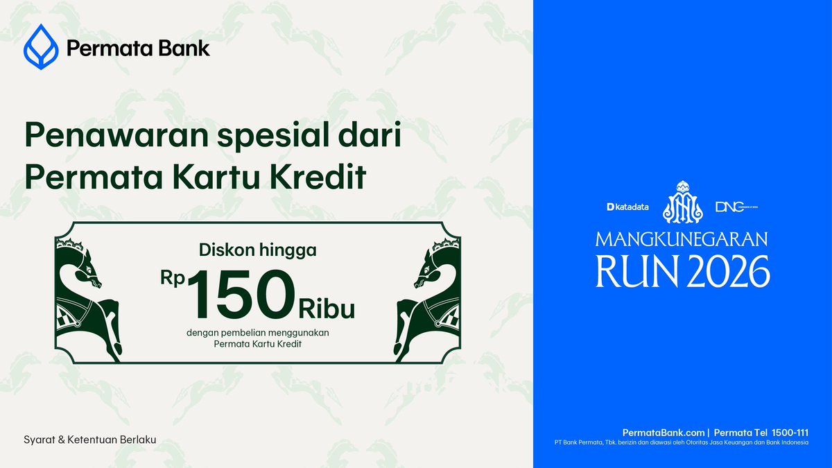 PermataBank's tweet photo. Harga spesial dari Permata Bank balik lagi buat kamu, MN Runners! ๐
Diskon hingga Rp150 ribu tiket Mangkunegaran RUN 2026 pakai Permata Kartu Kredit.
Catat tanggalnya
๐
10 Nov 2025
๐https://t.co/ycuIJtTahU
#PermataBank #MangkunegaranRun2026 #SoloBalapanLari https://t.co/vjVhd8BSCL