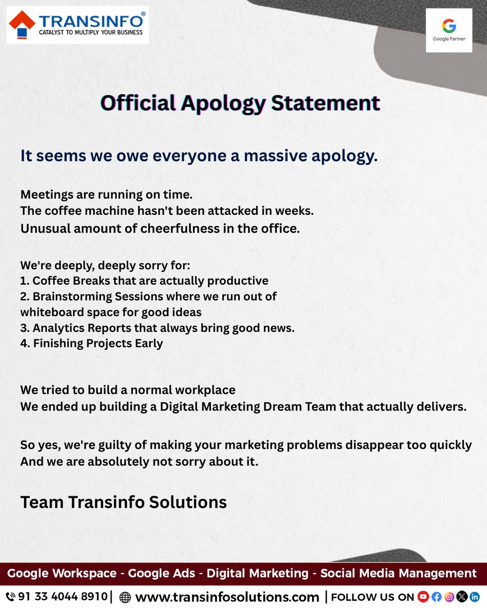 transinfosol's tweet image. Whoops! Our bad. 
We just can&apos;t stop building a Digital Marketing Dream Team.

Read our full apology statement to know more!

Connect with us to multiply your business!
Call Us Now On: 91 33 4044 8910
Or, Visit: transinfosolutions.com

#TransinfoSolutions #Transinfo #DreamTeam