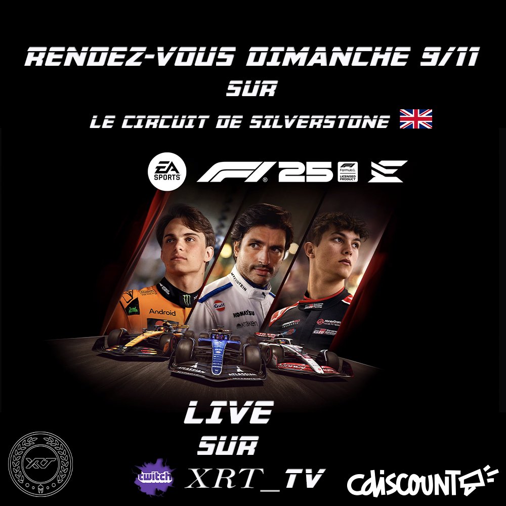 XRTracingteam's tweet photo. ATTENTION TOUS LES SIM RACERS !  
Demain dimanche Course compétitive F1 25 
sur le circuit de silverstone
Venez RT et faire du BRUIT dans le chat !  
📺 https://t.co/gUMG6fhnl2
on vous attend nombreux !  
Ramenez vos potes simracers !
 #Simracing #Racing #SimRacer
@Cdiscount https://t.co/VxXDq404T3