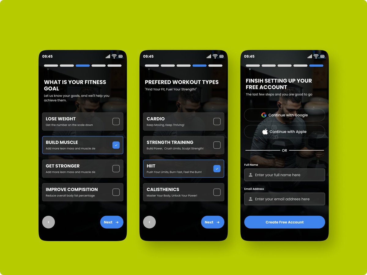 uiuxtais's tweet photo. Onboarding flow for a FitTrack mobile app that guides users through goal setting, fitness level check and workout preference selection in a clean, motivating design. https://t.co/LAxwMPUAuN