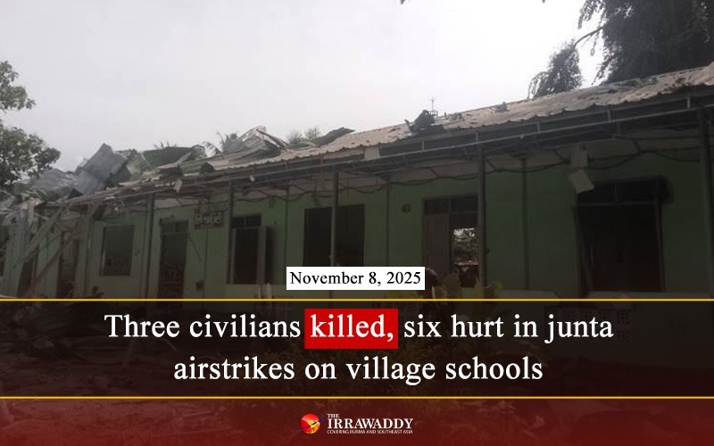 IrrawaddyNews's tweet photo. Three civilians were killed and six others injured in junta airstrikes on a couple of village schools in Singu Township, Mandalay Region on Friday afternoon. There had been no fighting on the ground.

#WhatsHappeningInMyanmar https://t.co/3PyVB1qw9Z