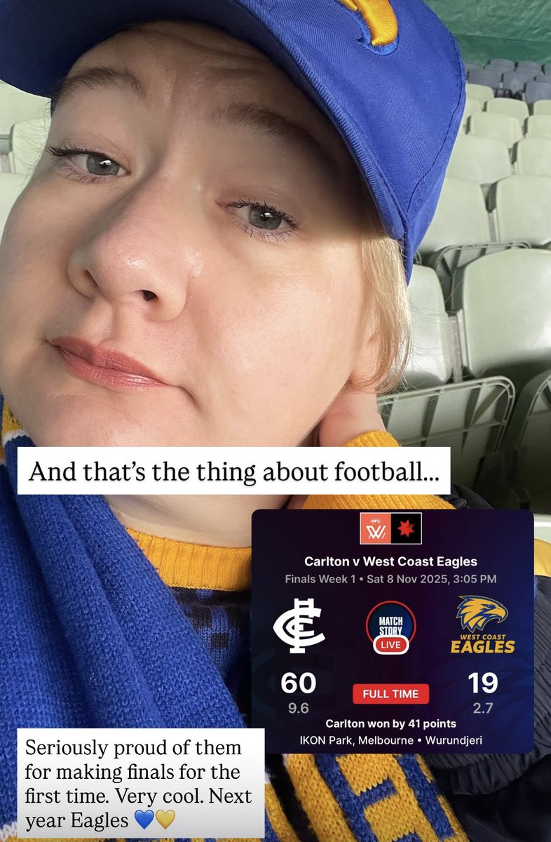 kaseysymons's tweet image. Footy feelings quarter-by-quarter from today’s #AFLW Final between @eaglesaflw and @carltonfc_w 😅
Despite my Eagles falling to the Blues, I’m so proud of their historic moment in making it to finals and look forward to next season. Go Eagles 💙💛🦅 #AFLWFinals