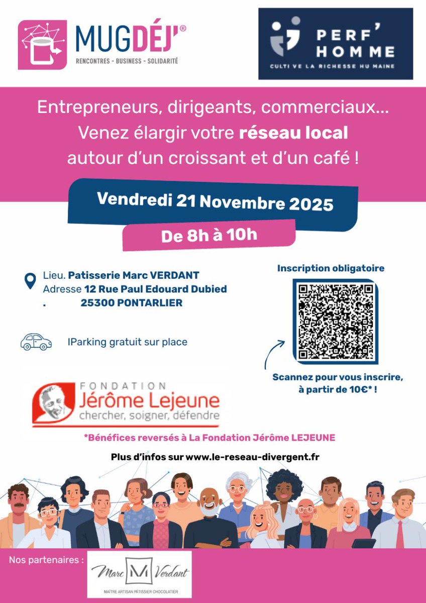 MikaelDemenge's tweet image. Vous voulez aider la Fondation Jérôme Lejeune ? Venez nous rejoindre autour d'un café à #Pontarlier le 21 nov entre 8h et 10h pour un moment unique de partage et de convivialité autour de la solidarité envers les personnes atteintes de TRISOMIE21.

📅 Date : Vendredi 21 novembre