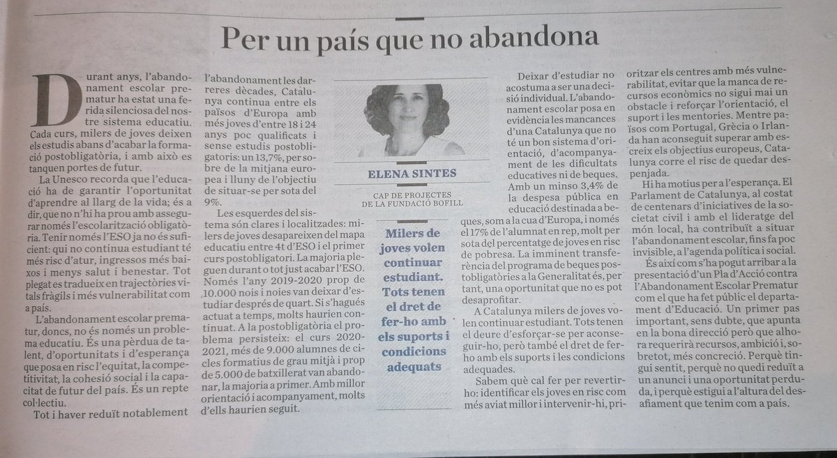 Podries començar, tu que ets "Cap de projectes de la Fundació Bofill", per proposar allotjar alguns d'aquests joves que abandonen els estudis en algun dels 11 pisos turístics que té la Fundació. Què me'n dius? Faries més servei que escrivint articles
<a href="/FundacioBofill/">Fundació Bofill</a> @elenasintes