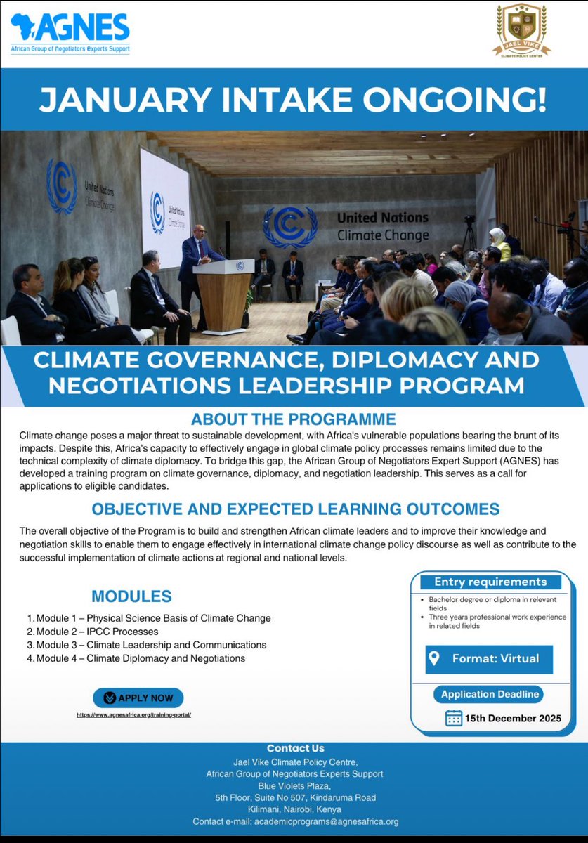 The Climate Governance, Diplomacy and Negotiations Leadership program is now open for January intake.

Apply here: agnesafrica.org/training-porta…

Good luck 🍀