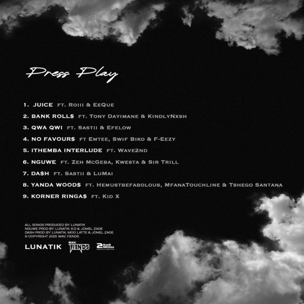 sahiphop247's tweet image. Lunatik Beatz @LunatikBeatz reveals the tracklist for his upcoming project #PressPlay, dropping 21 Nov 💿
The 9-track tape features Kwesta, Kid X, Emtee, Roiii, Tony Dayimane, Sastii, KindlyNxsh &amp;amp; more 🔥