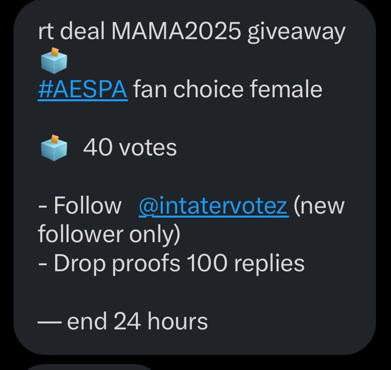 voteforaespa_th's tweet photo. rt deal MAMA2025 giveaway 🗳️
#AESPA fan choice female

🗳️ 40 votes  

- Follow @intatervotez (new follower only) 
- Drop proofs 100 replies 

— end 24 hours https://t.co/xkKol2P5pG