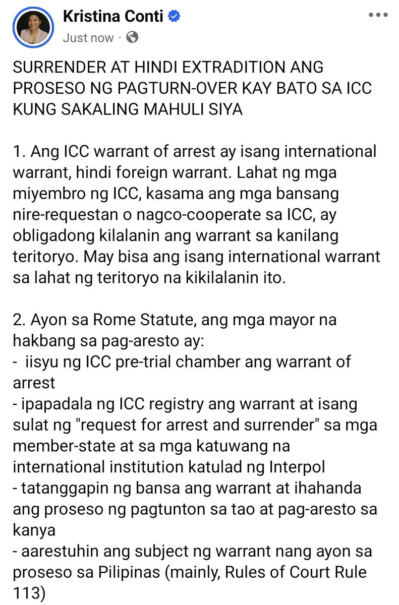 chronikrissys's tweet photo. SURRENDER AT HINDI EXTRADITION ANG PROSESO NG PAGTURN-OVER KAY BATO SA ICC KUNG SAKALING MAHULI SIYA

Ang ICC warrant of arrest ay isang international warrant, hindi foreign warrant. Lahat ng mga miyembro ng ICC, kasama ang mga bansang nire-requestan o nagco-cooperate sa...+ https://t.co/pc7YV5F7S8