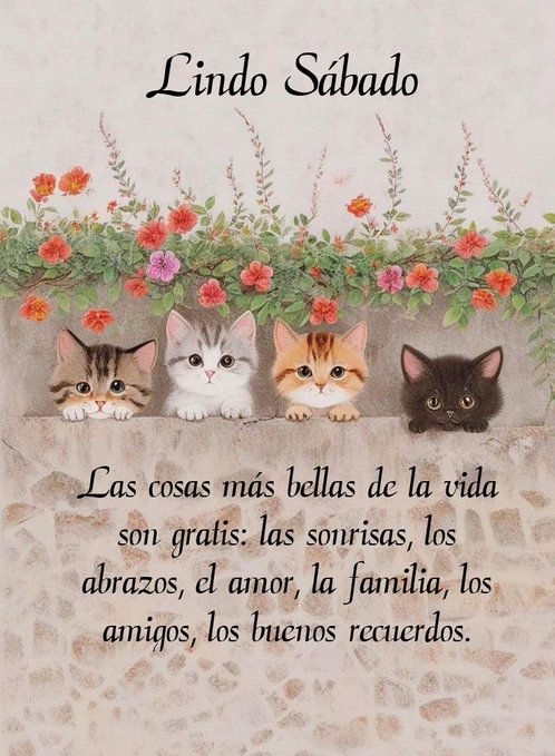 Four kittens in gray, tabby, and black fur peek over a stone ledge covered in pink, purple, and red flowers and green vines. The background is a light beige wall. Overlaid text in Spanish reads Lindo Sabado at the top and Las cosas mas bellas de la vida son gratis: las sonrisas, los abrazos, el amor, la familia, los buenos amigos, los buenos recuerdos at the bottom.