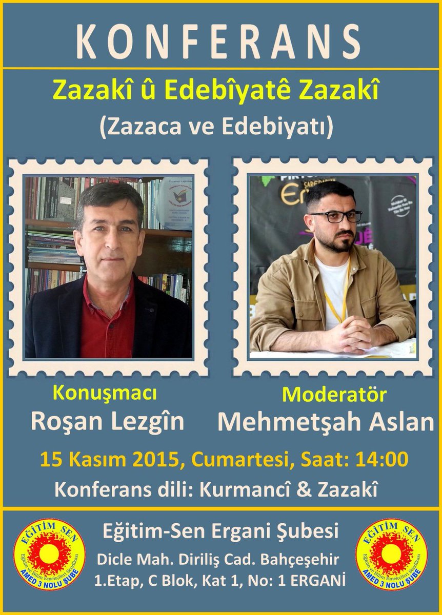 15ê ena aşme, Eğitim-Senê Erxenî de konferansê ma esto. Ma şima heme heskerdoxanê Zazakî dehwet kenê. 

15ê vê mehê, li Eğitim-Sena Erxenîyê konferansa me heye. Em we hemû hezkirîyên Zazakî vedixwînin.