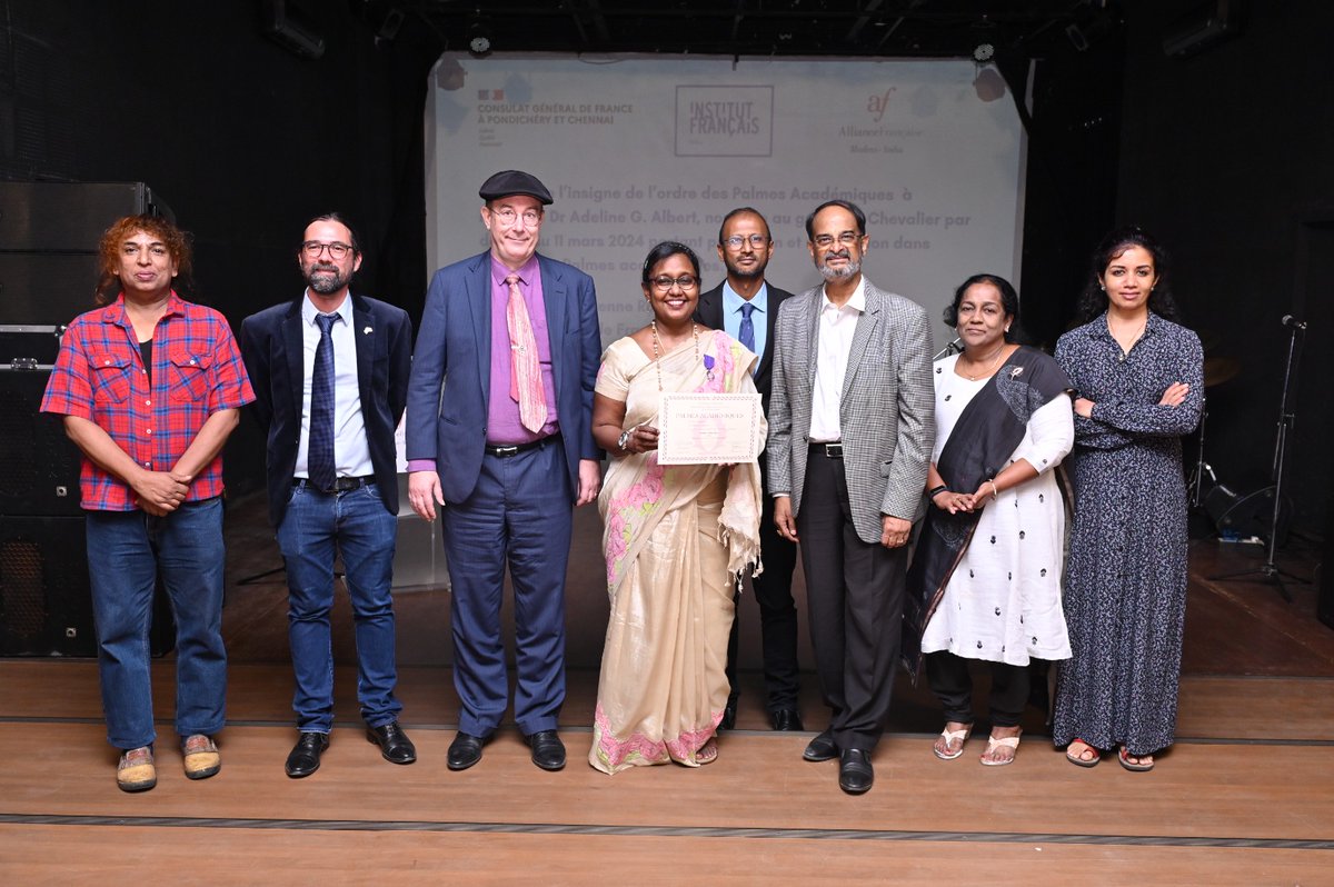 Heartfelt congratulations to Dr. Adeline G. Albert, Head of French Dept., Ethiraj College for Women, on being conferred the Chevalier dans l’Ordre des Palmes Académiques award 🇫🇷🎖️ honouring 30+ years of excellence in French education! <a href="/etiennerp/">Etienne RP</a> <a href="/FranceinPondi/">Consulate General of France in Pondicherry</a> <a href="/mike_vmm/">Mike Muralidharan</a>