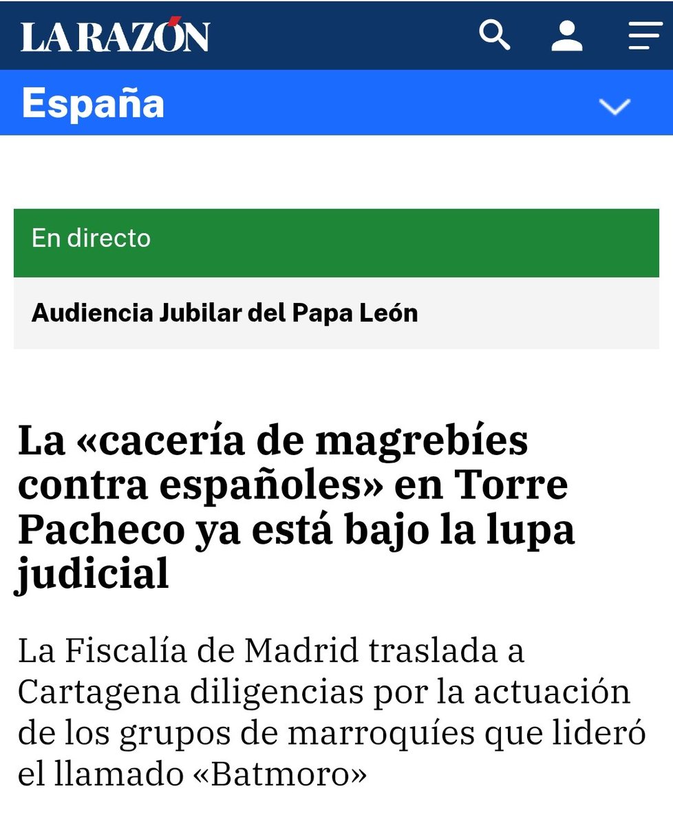 Las CACERÍAS contra Españoles en TORRE PACHECO ya están siendo investigadas por la Fiscalía de Cartagena 👇✅

BATMORO y sus Macheteros deben ser detenidos y deportados a Marruecos como Agentes de Desestabilización de Mohamed VI 🎯

larazon.es/espana/caceria…