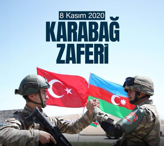 Azerbaycan, "Zafer Günü" olarak belirlenen 10 Kasım tarihini, Atatürk'ün vefat gününe denk geldiği için 8 Kasım tarihiyle değiştirdi.

Can Azerbaycan, Zafer Günün Kutlu Olsun!

#KarabağZaferi
#Karabağ 
#Azerbaycan