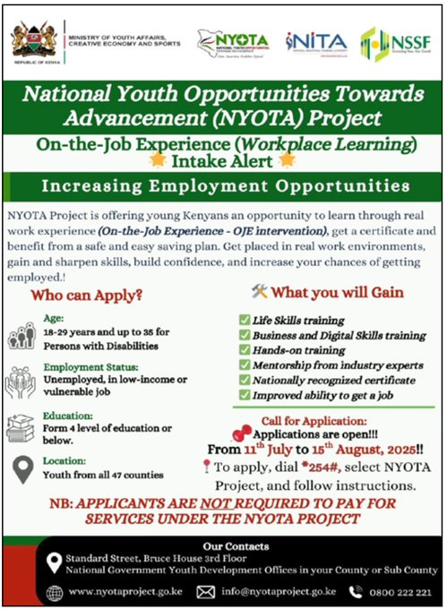 paulkkimeli's tweet image. 6/12
HOW TO APPLY - It&apos;s SIMPLE!
METHOD 1: Dial *254# 
→ Select NYOTA Project 
→ Follow prompts 
METHOD 2: SMS &quot;NYOTA&quot; to 40270 
→ Answer 19 questions
Check official deadlines at nyotaproject.go.ke
REMEMBER: 100% FREE! No payments required!
#HowToApply #NYOTARegistration