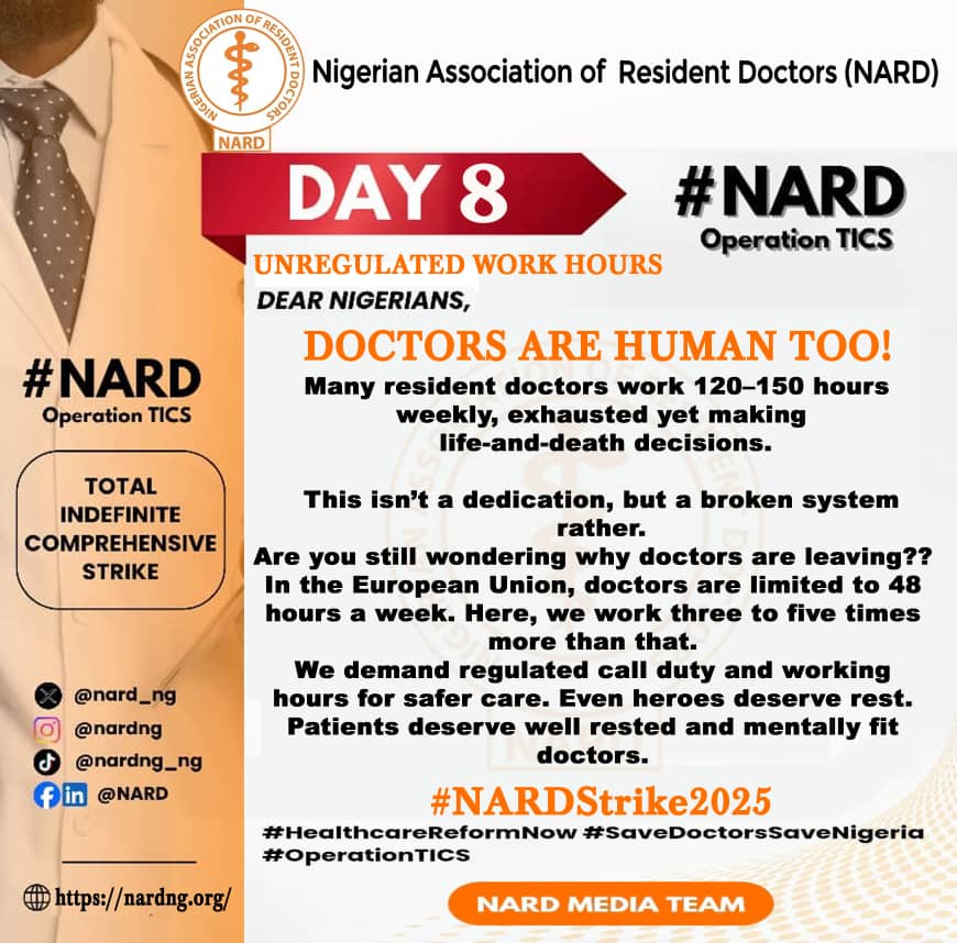 DAY 8 OF NARD OPERATION TICS

UNREGULATED WORK HOURS

DEAR NIGERIANS,

DOCTORS ARE HUMAN TOO!

Many resident doctors work 120–150 hours weekly, exhausted yet making life-and-death decisions.

This isn’t a dedication, but a broken system rather.

Are you still wondering why