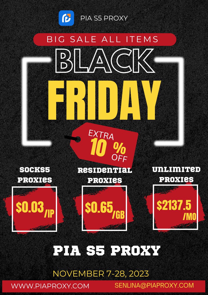 Pia_S5_Proxy's tweet image. Use code : PIAdisof10  →  10% OFF all proxy plans
piaproxy.com/?co=x&amp;amp;ck=?x-02
senlina@piaproxy.com
#Proxy #ProxyServer #ResidentialProxy #Socks5Proxy #WebScraping #ScraperAPI #MultiAccount #EcommerceTools #OnlinePrivacy