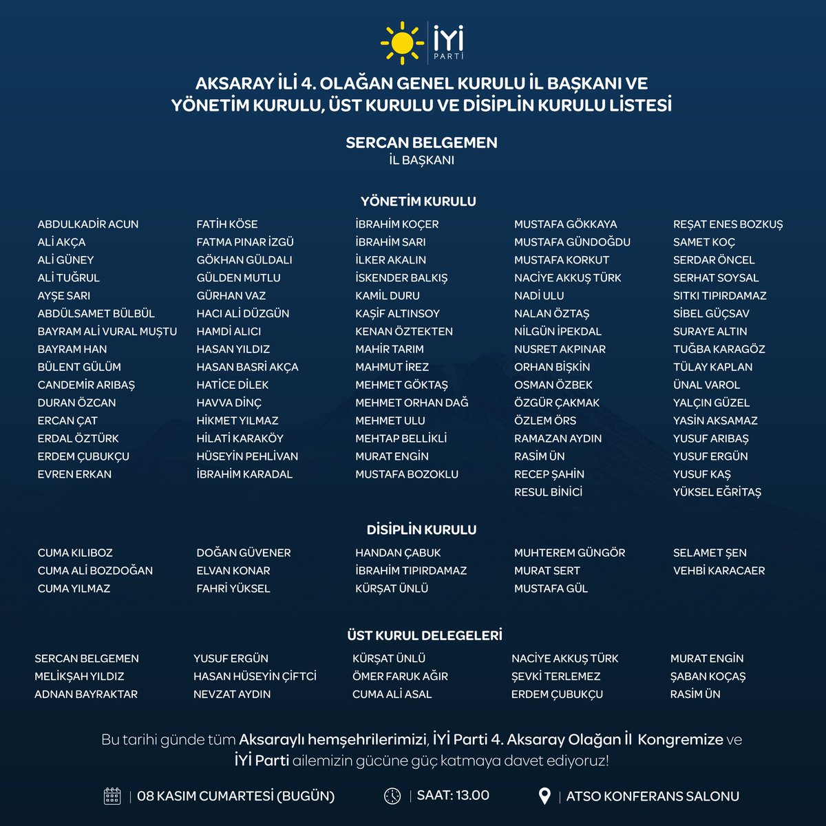 Bugün gerçekleştireceğimiz Aksaray il Kongremize tüm hemşehrilerimiz davetlidir.

Göreve yeniden talip olan değerli dostum Sercan Belgemen Başkanımıza ve kıymetli yönetimine başarılar diliyorum.