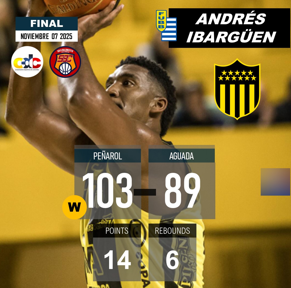 LIGA URUGUAYA DE BASQUETBOL (🇺🇾 Uruguay)
PEÑAROL derrotó ayer 103-89 a AGUADA.
<a href="/andresibarguen3/">andres ibarguen</a>  🇨🇴 14PTS-6REB.