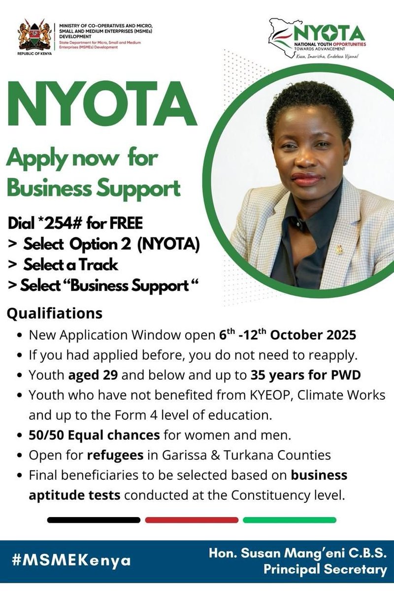 paulkkimeli's tweet image. 6/12
HOW TO APPLY - It&apos;s SIMPLE!
METHOD 1: Dial *254# 
→ Select NYOTA Project 
→ Follow prompts 
METHOD 2: SMS &quot;NYOTA&quot; to 40270 
→ Answer 19 questions
Check official deadlines at nyotaproject.go.ke
REMEMBER: 100% FREE! No payments required!
#HowToApply #NYOTARegistration