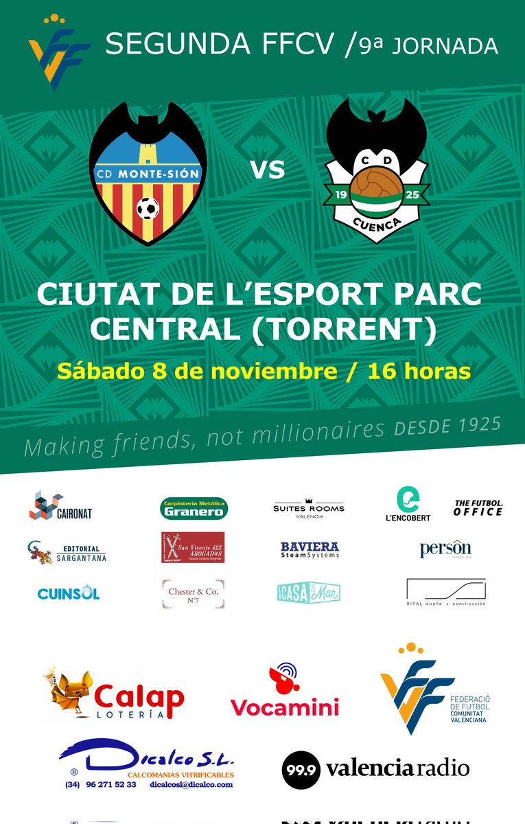 👉 ¡Nos vemos esta tarde en Torrent!

⭐ Segunda FFCV Grupo 4
👉 CD Monte-Sión 🆚️ CD Cuenca-Mestallistes 1925
📆 Sábado 8 de noviembre
⌚ 16 horas
🏟 Ciutat de l'Esport Parc Central (Torrent)

#SomMestallistes100 ⚪💚🦇
#MestallistesenSegundaFFCV