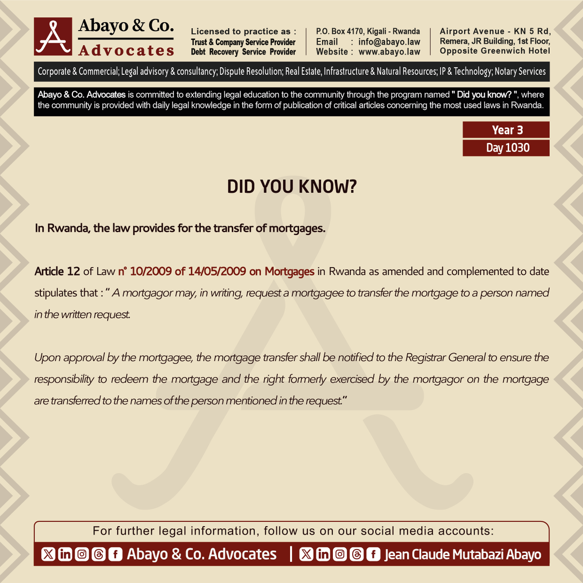 ◉  Are you aware of transfer of mortgages?

This is what the law provides ⤵️ 

#ReadtoKnowtheLaws #SomaUmenyeAmategeko #TumenyeAmategekoAtugenga #bestlawfirminrwanda #bestlawyersinrwanda #Lawyersnearme #law #Rwanda #Rwandan #Rwandans #kigali #RwOT <a href="/AbayoClaude/">Jean Claude Mutabazi Abayo</a>