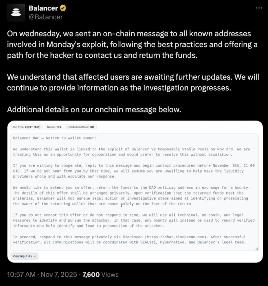 CryptoTweetsWW's tweet image. UPDATE: @Balancer issued a final #onchain #warning to the #hacker behind its $100M #exploit — OFFERING a BOUNTY FOR the RETURN of #funds.