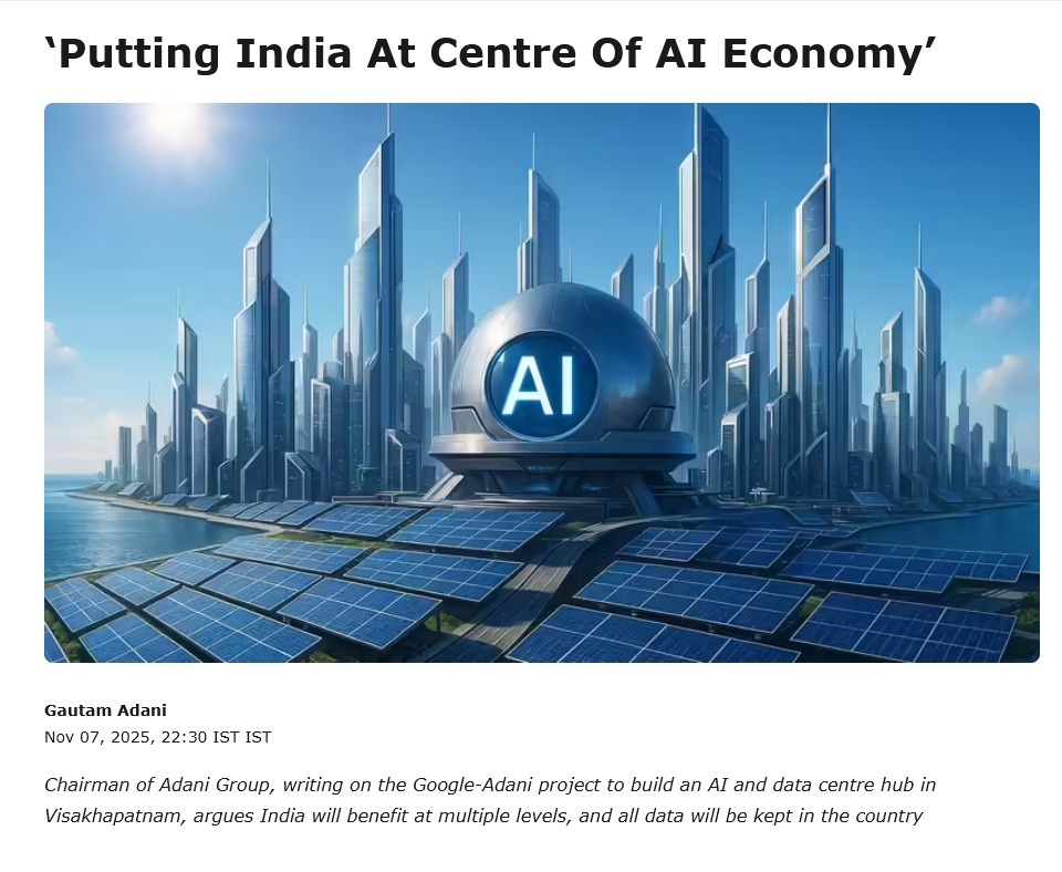 In a world splitting into tech blocs, real sovereignty means controlling your own compute, not just your borders.

@Gautam_Adani’s new piece explains how India achieves that: by building the world’s first renewable-powered, hyperscale #AI campus at national scale.

This is
