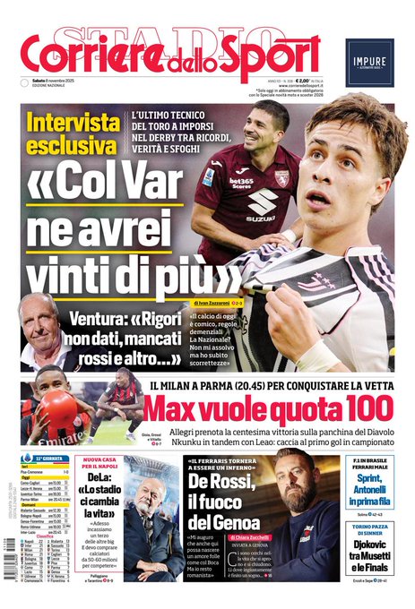 Front Page Corriere dello Sport, Saturday 8 November 2025