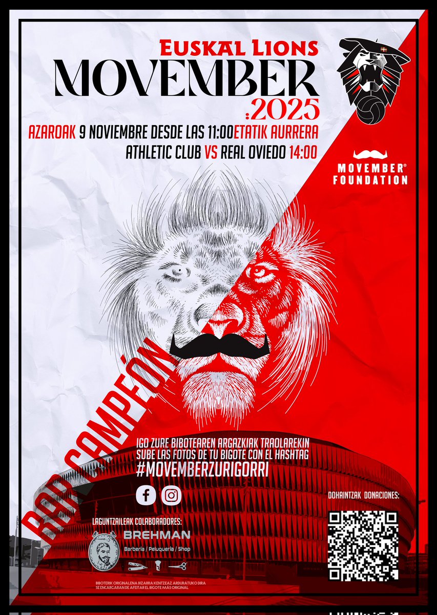 Vuelve noviembre, ¡vuelve nuestro #MovemberZurigorri!

Y por eso este 9 de noviembre estaremos en la previa del <a href="/AthleticClub/">Athletic Club</a> - <a href="/RealOviedo/">Real Oviedo</a> en nuestro Bar Campeón afeitando nuestros bigotes y recaudando dinero por una buena causa.

¡Nos vemos allí!

#EuskalLions #AthleticClub