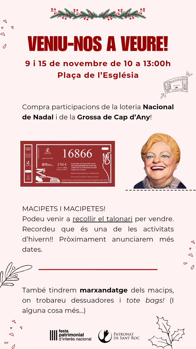 🗓️Demà, dia 9, i diumenge 15 de novembre ens podreu trobar de 10 a 13h🕐 a la Plaça de l'Església!

Estarem venent participacions de la loteria, marxandatge... i més sorpreses!🤭

Macipets/es, podeu venir a buscar el talonari de loteria per vendre‼️