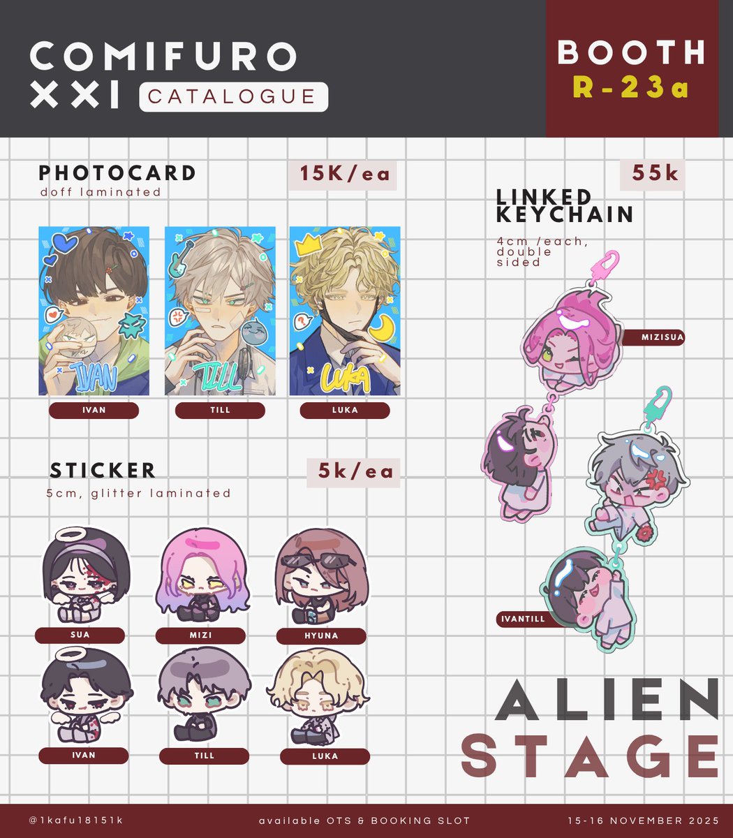 [💛&amp;🔁 are very appreciated ]
🍅KAFU CFXXI CATALOGUE 🍅
- OTS &amp; very quick booking 

📅 booking :  8-11 November 2025
📍 Booth : R-23a Para Pengokop Oshi (2 days)
⚠️ Fandom : Alien Stage, ORV, Link Click, GDCG/GSGW
🔗form.jotform.com/252493250306048

#cf21catalogue #CFXXI #cf21 
[ 1/5 ]