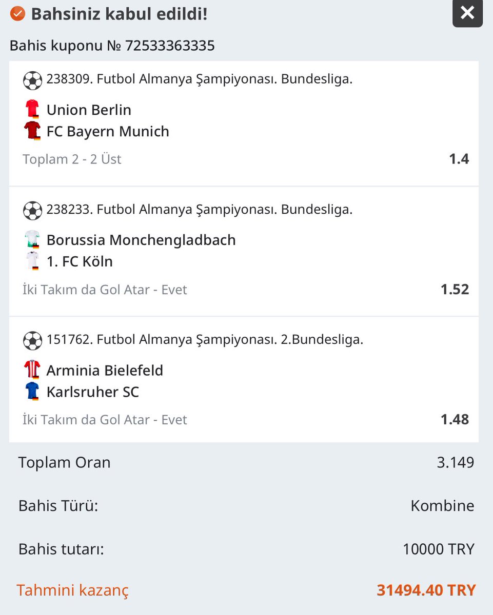 🔥GÜNÜN KUPONU 1

⚽️ Union Berlin -  FC Bayern Munich | Deplasman 2 Üst (İadeli)

⚽️ Borussia Monchengladbach - FC Köln | KG Var

⚽️ Arminia Bielefeld - Karlsruher SC | KG Var

🍀Bol Şans