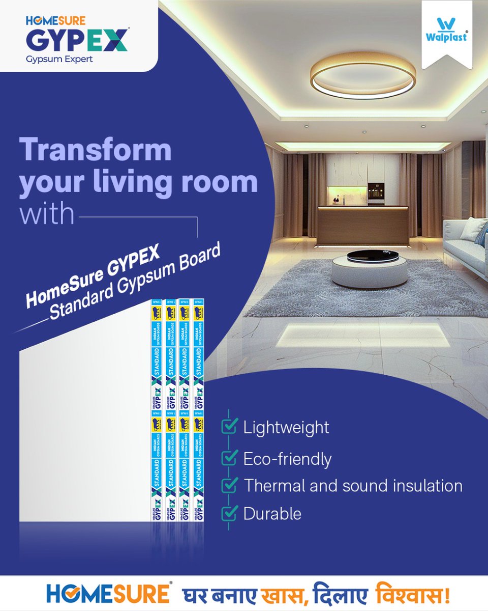 Walplast's tweet photo. Transform your living room with GypEX Standard #GypsumBoard — for a flawless finish, better sound and thermal insulation, and a lighter, eco-friendly upgrade!

Visit: https://t.co/GeO9ItKEcM

#HomeImprovement #GypsumSolution #GypexGypsumExpert #Gypex #Homesure https://t.co/Vr0hlA1c2s