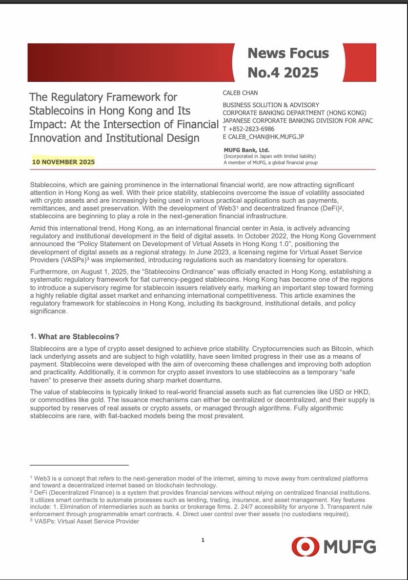 SMQKEDQG's tweet photo. ‼️ NOVEMBER 10TH 2025: MUFG REPORT REVEALS THE HONG KONG MONETARY AUTHORITY WILL ISSUE FIRST STABLECOIN LICENSES IN EARLY 2026‼️

A stablecoin license = a regulatory pass that allows approved issuers to operate legally and launch stablecoins within Hong Kong’s financial system.✅

Documented.😶‍🌫️👇