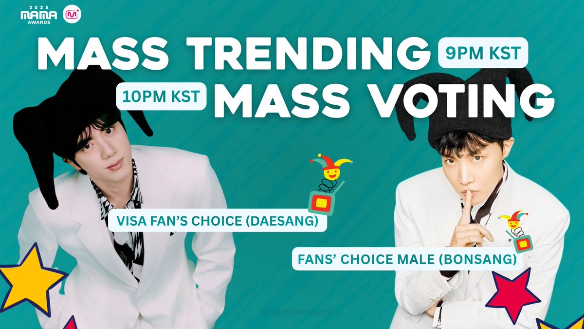 01Btsxarmy1's tweet photo. 📢 | MASS VOTING SCHEDULE

‼️2 DAYS LEFT TO VOTE‼️
Be ready for MAMA mass voting today! 🏃‍♀️ Ready your device and invite more ARMY to join us! ✊️ WE NEED YOU ARMY. 🙏

🔸️Mass Trending - 9PM KST 
🔸️Mass Voting - 10PM KST

❓️: https://t.co/msEm3BgZVw https://t.co/0lkYjhsew1