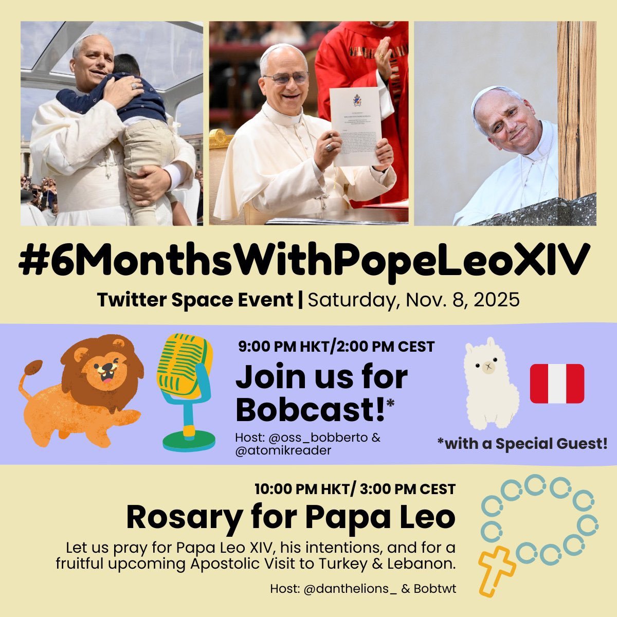 syera_washi's tweet photo. #Bobcast in THREE HOURS
& Rosary in FOUR HOURS 📢
Come & join us in Twitter Space (link below), let's celebrate
#6monthswithPopeLeoXIV ! 🥳 https://t.co/11astciBUY