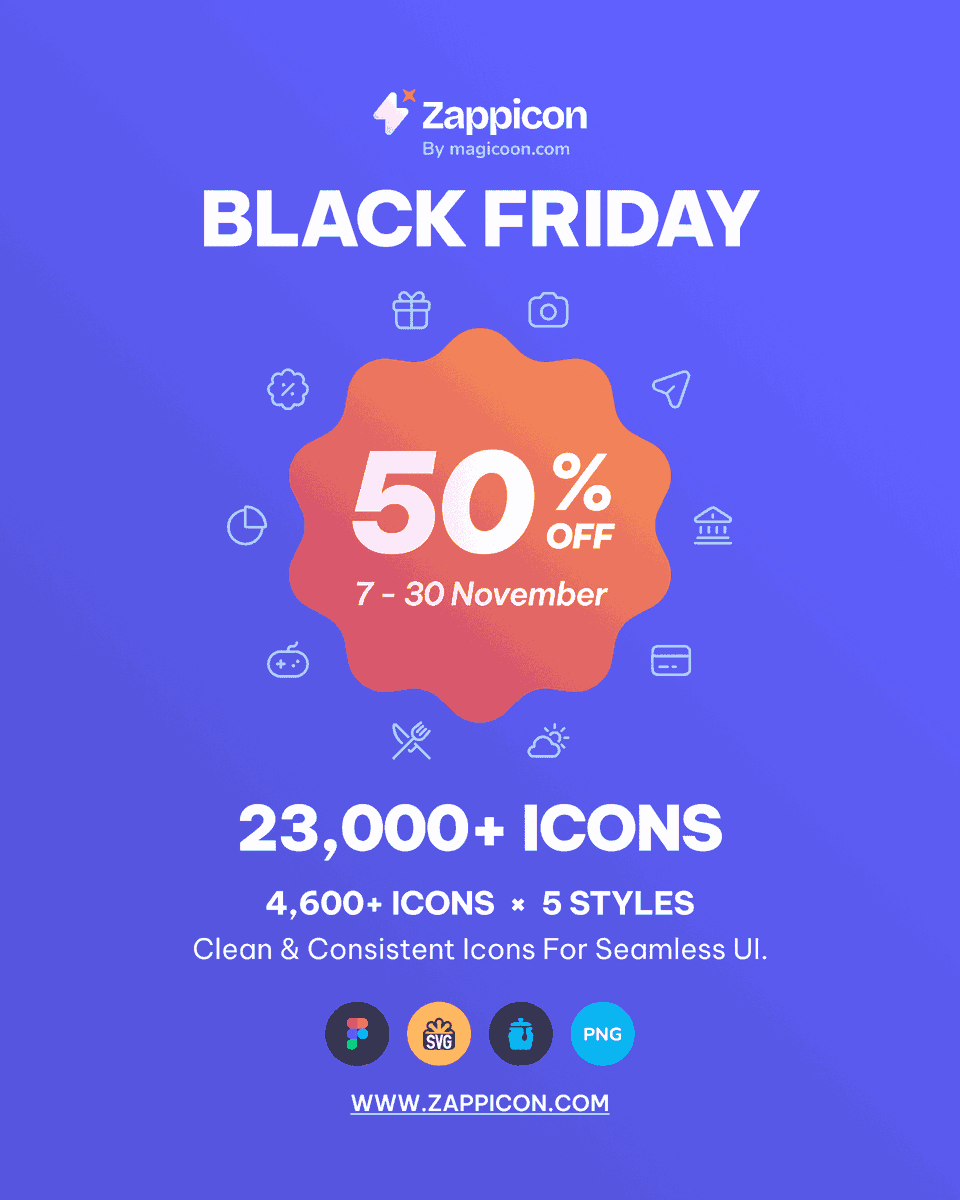 ZappiconLabs's tweet photo. 🎁 Your Black Friday Deal Is Here! 🎁

Save 50% OFF – Only from Nov 07 to Nov 30.

Now only $19 (Was $38)
Discount Code: SALE50

🚀 Get 23,000+ premium UI icons from Zappicon, ready for Figma, SVG, IconJar, and PNG.

Pay once, use forever.

#icons #iconset #iconpack #BlackFriday https://t.co/wgOpwniTFB
