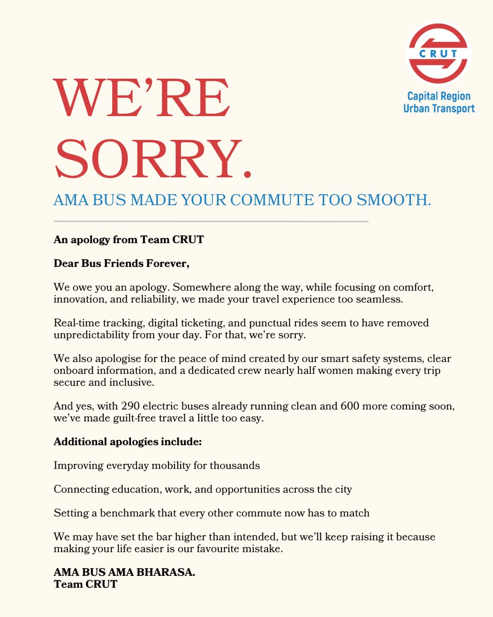 CRUT_BBSR's tweet image. We might have made your commute too comfortable and we’re sorry (not sorry)! 😉From real-time tracking to clean electric rides we’ve made travel a little too easy.

#Apology
#ApologyTrend
#OfficialApology
#AmaBusAmaBharasa
#TheWayWeMove