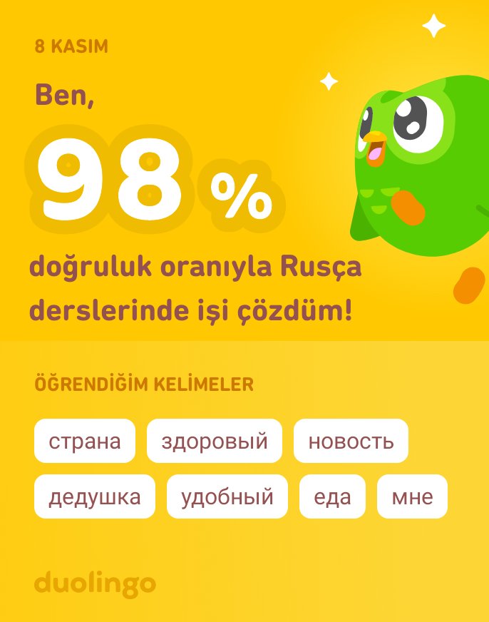 Duolingo'da Rusça öğreniyorum! Duolingo hem etkili hem eğlenceli hem de ücretsiz.