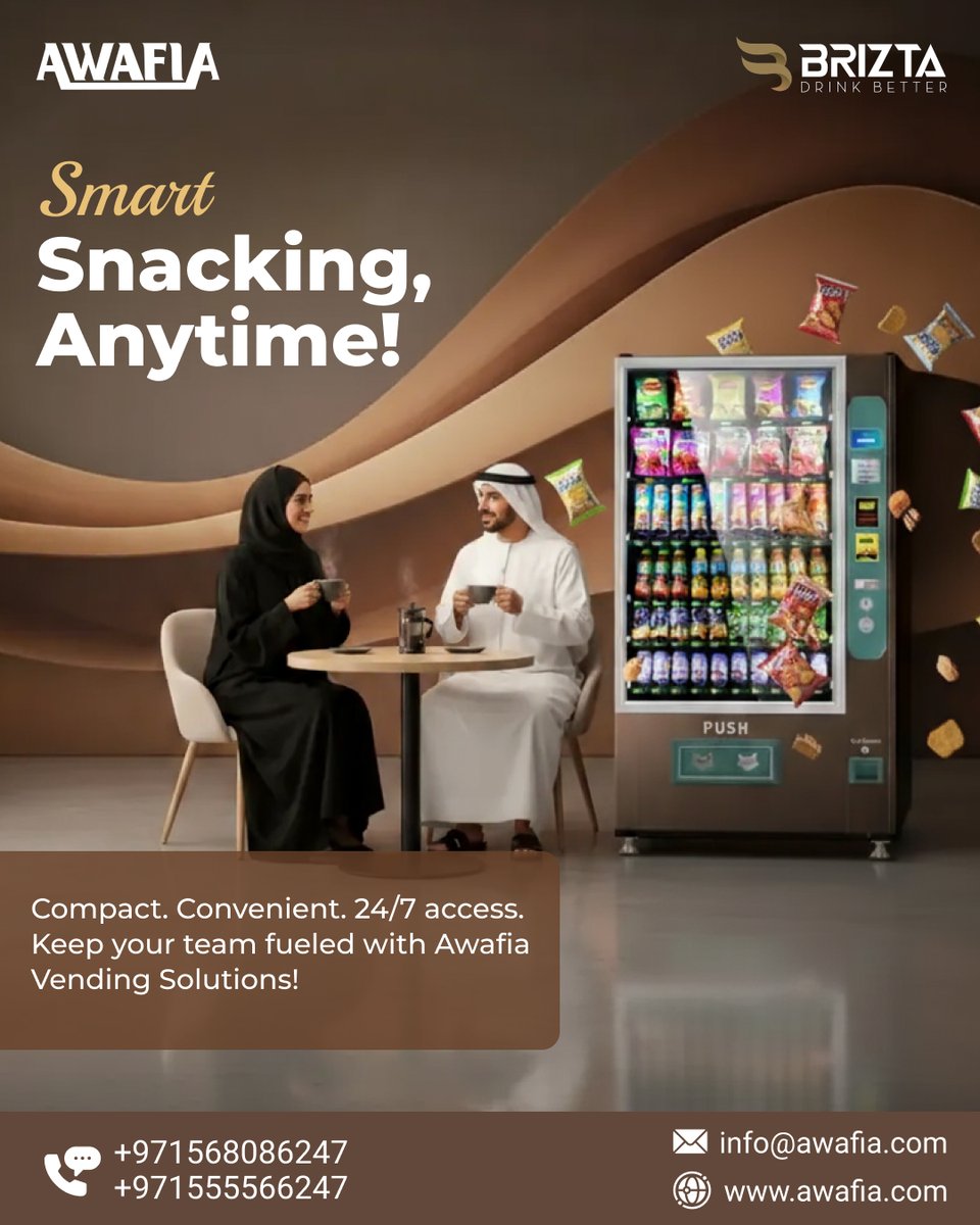 awafivending's tweet image. Smart Snacking, Anytime!
Compact. Convenient. 24/7 access. Keep your team fueled with Awafia Vending Solutions!
📞 +971568086247, +971555566247
🌐 awafia.com
📧 info@awafia.com

#Awafia #VendingSolutions #SmartSnacking #24x7Vending #OfficeSnacks #CorporateSolutions