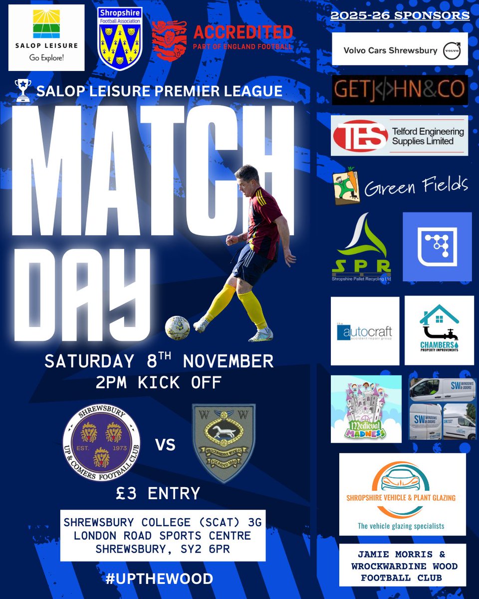 Matchday 1️⃣5️⃣

It’s Matchday! And today we’re making the short trip across to Shrewsbury to face a strong Up and Comers side.

🆚 <a href="/UpnComersMensFC/">SUAC FC</a> 
🏟️ Shrewsbury College 3G
🕰️ 2pm KO
💷 £3 Entry
🍔 Refreshments Available 

Come and support the boys ⚽️

#UpTheWood 🪵💙