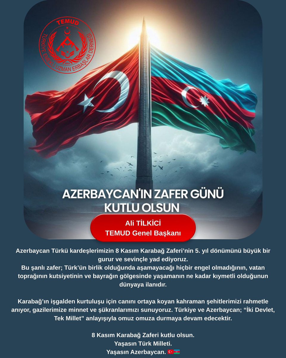 Azerbaycan Türkü kardeşlerimizin 8 Kasım Karabağ Zaferi’nin 5. yıl dönümünü büyük bir gurur ve sevinçle yad ediyoruz.
Bu şanlı zafer; Türk’ün birlik olduğunda aşamayacağı hiçbir engel olmadığının, vatan toprağının kutsiyetinin ve bayrağın gölgesinde yaşamanın ne kadar kıymetli