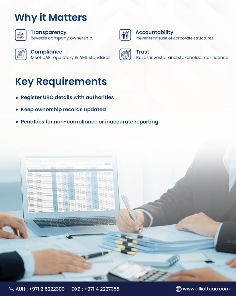 Understanding the Ultimate Beneficial Owner (UBO) is essential for business transparency and accountability.
A UBO is the real person who ultimately owns or controls a company, holding 25% or more ownership or having significant influence.

🌐 alliottuae.com

#UBO