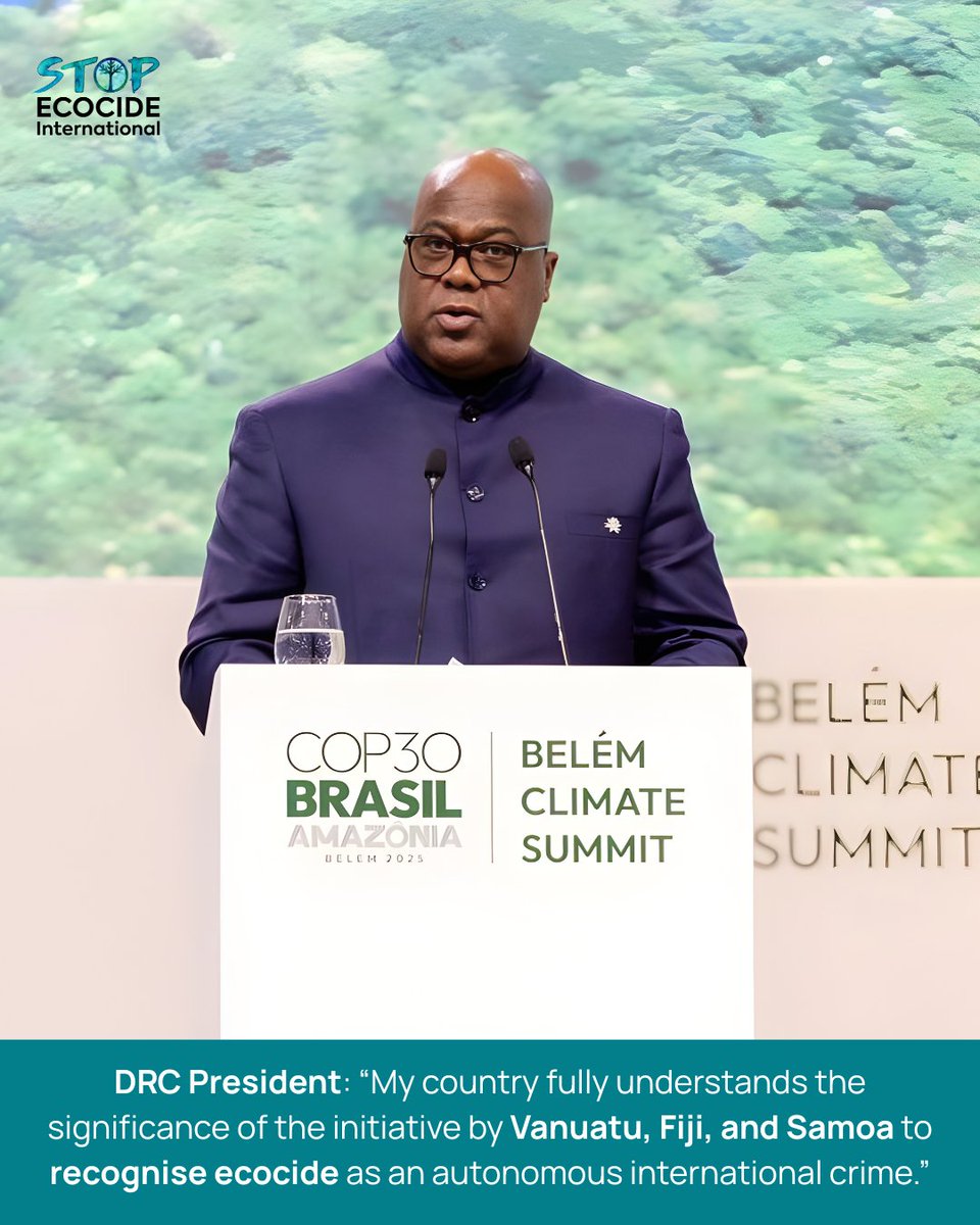 EcocideLaw's tweet image. At opening of #COP30, #DRC President Tshisekedi reaffirmed support for #Vanuatu, #Fiji &amp;amp; #Samoa #ICC formal proposal to recognise #ecocide 🌿⚖️

4m 53sec: youtube.com/watch?v=MTfZSt…

#StopEcocide
