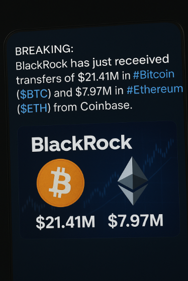 ZianonNetwork's tweet photo. 🚨 BREAKING: BlackRock has just received transfers of $21.41M in #Bitcoin ($BTC) and $7.97M in #Ethereum ($ETH) from Coinbase.
Big money is moving again. 👀💥
#Crypto #BTC #ETH #BlackRock #Coinbase https://t.co/KAKY4cm9In