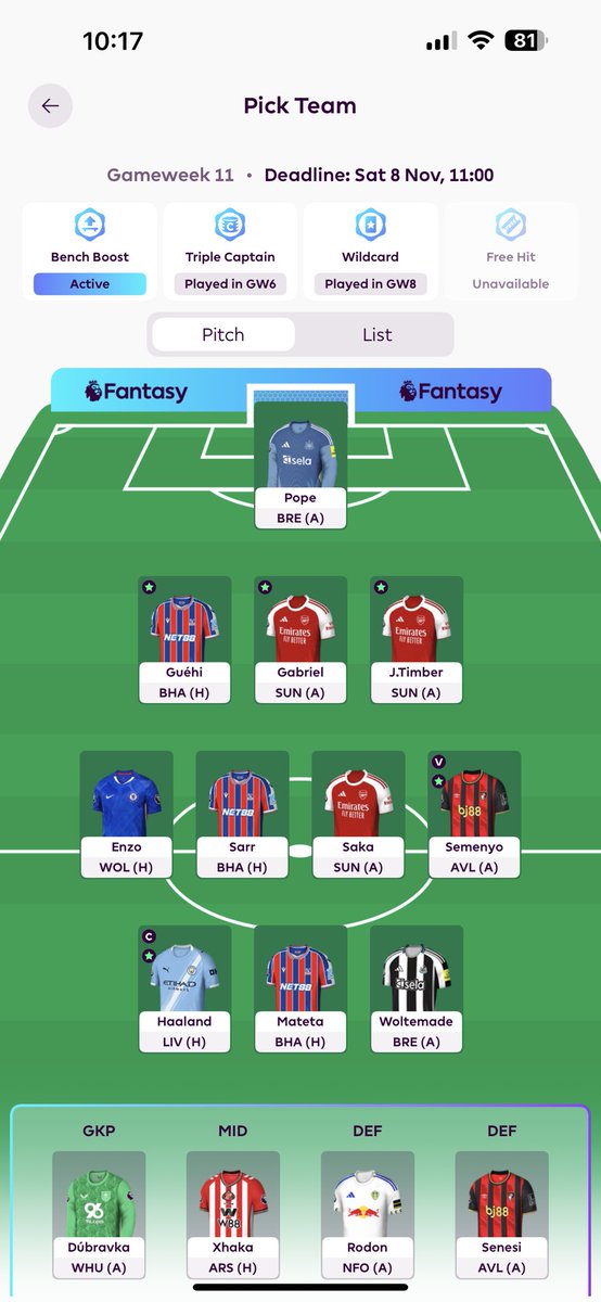 BB active this week. 
Really just to get out of way when I hopefully have a fit 15
Rolling my transfer so will have 4FT after the break
Not really too sure what moves I will make but at least will have flexibility then
Good luck all