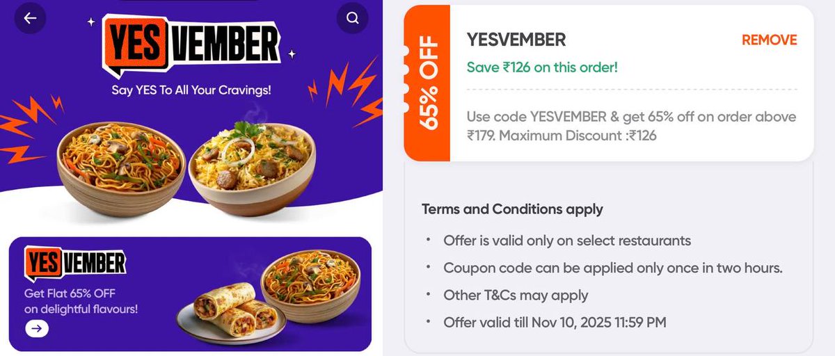 RapidDeals07's tweet photo. Swiggy Loot : Flat 65% Off Upto ₹126 On Min. Order ₹179.

Open Swiggy Homepage>>Click On This Banner 

Add Food From Selected Restaurants &amp; Apply Code : YESVEMBER https://t.co/c1qgEvgnb9