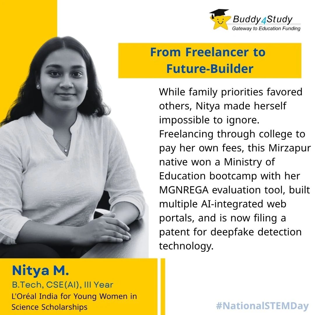 Buddy4Study's tweet image. This #NationalSTEMDay, we celebrate scholars from small towns &amp;amp; diverse backgrounds who turned challenges into breakthroughs. 🌟

At #Buddy4Study, with our esteemed partners, we&apos;re transforming STEM dreams into reality through scholarships &amp;amp; mentorship.

Every student supported…
